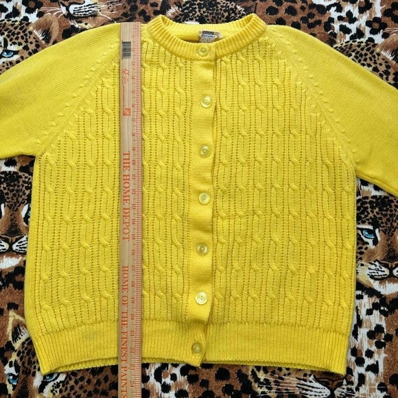Vintage 70s Cable Knit Cardigan Yellow Button Down Knitwear Sweater - Picture 4 of 8